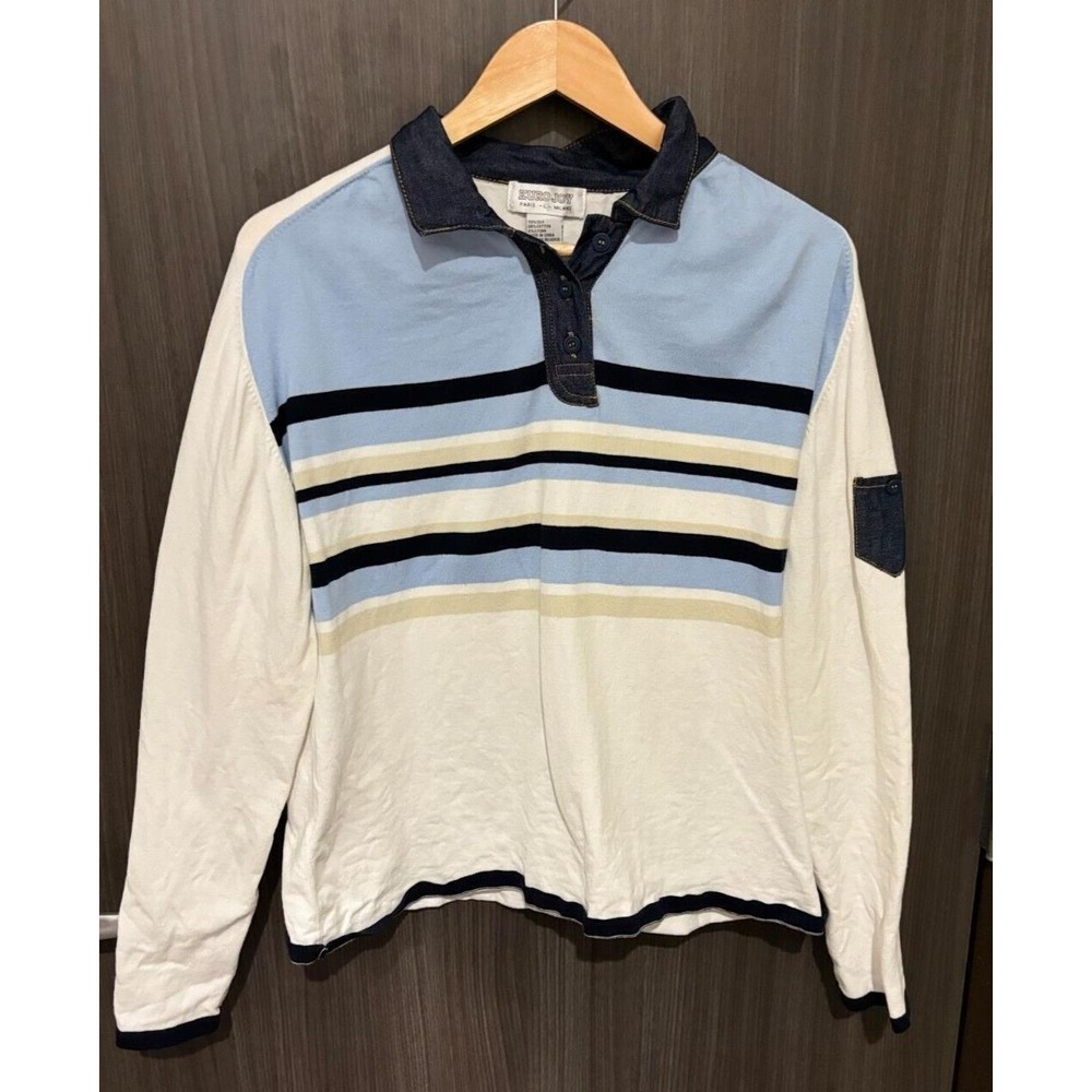Euro Joy Polo Shirt Women's Large Ivory Blue Striped Silk Long Sleeve‎ Collared